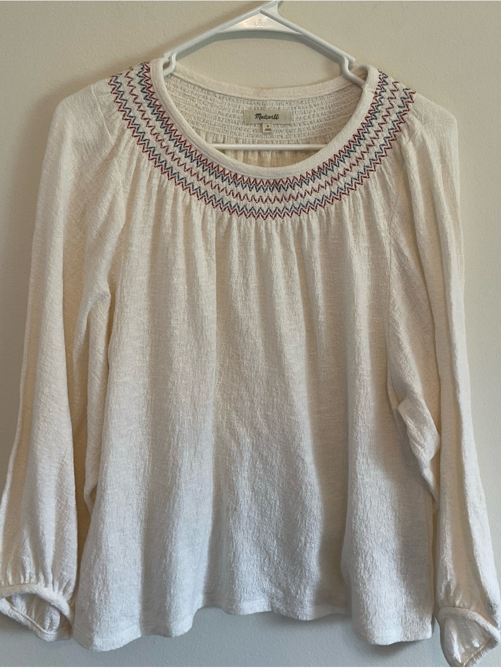 Madewell Cream Long-Sleeve Embroidered Yoke Top size S